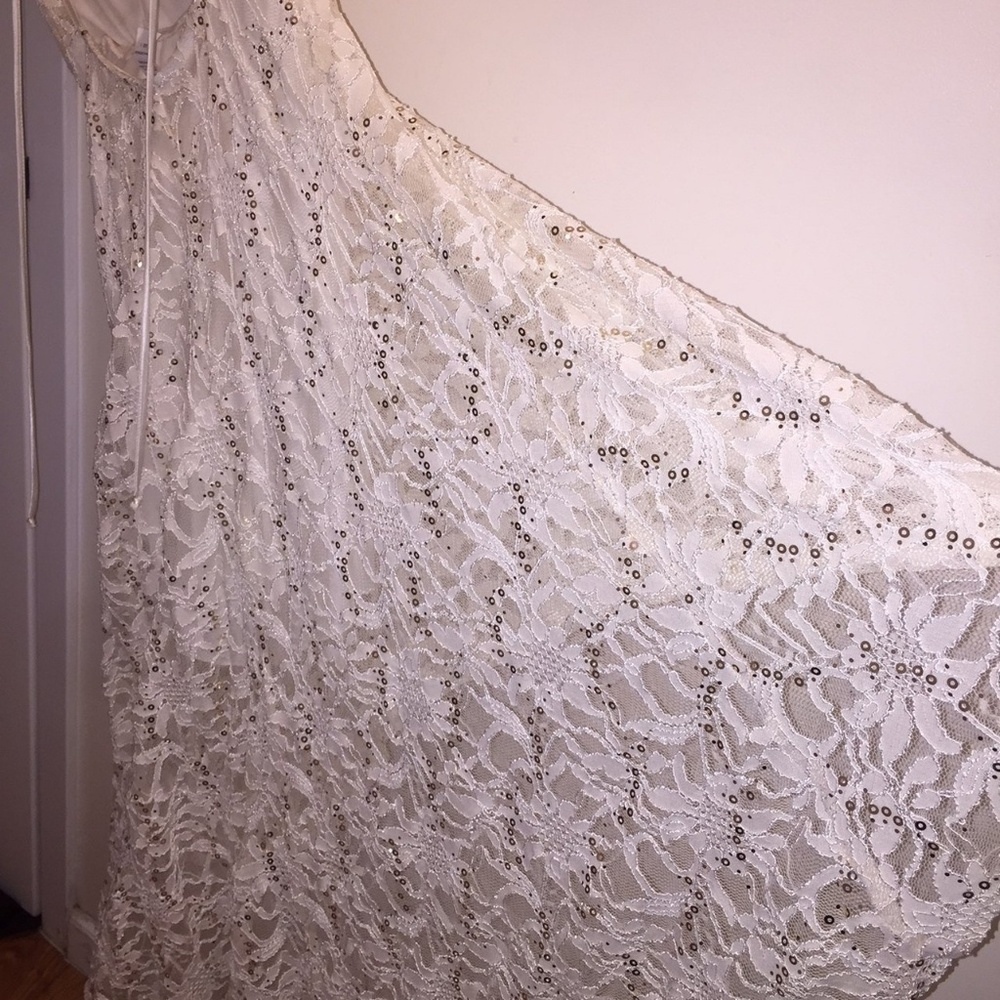 BEAUTIFUL WHITE LACE SEQUINED HIGH LOW DRESS